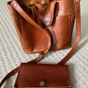 Portland leather mini crossbody tote with wallet in Honey